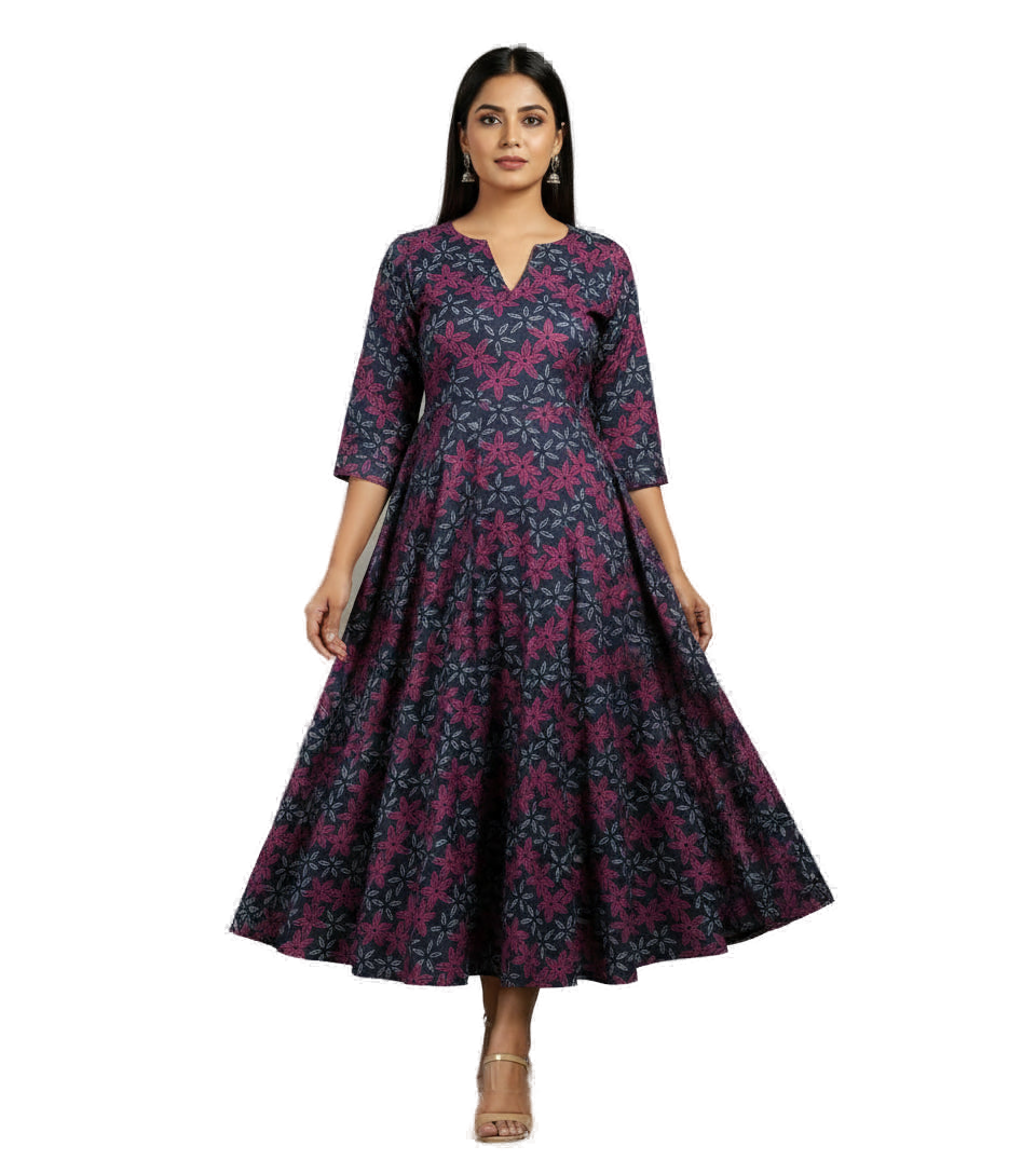 Women’s Blue Premium Raw Silk Gown Elegant Long Flared Ethnic Dress - Western Wear - front view | Villows DTrendz