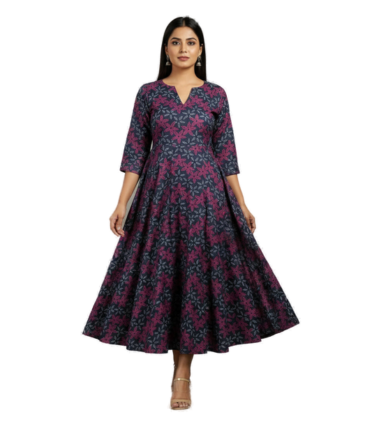 Women’s Blue Premium Raw Silk Gown Elegant Long Flared Ethnic Dress - Western Wear - front view | Villows DTrendz