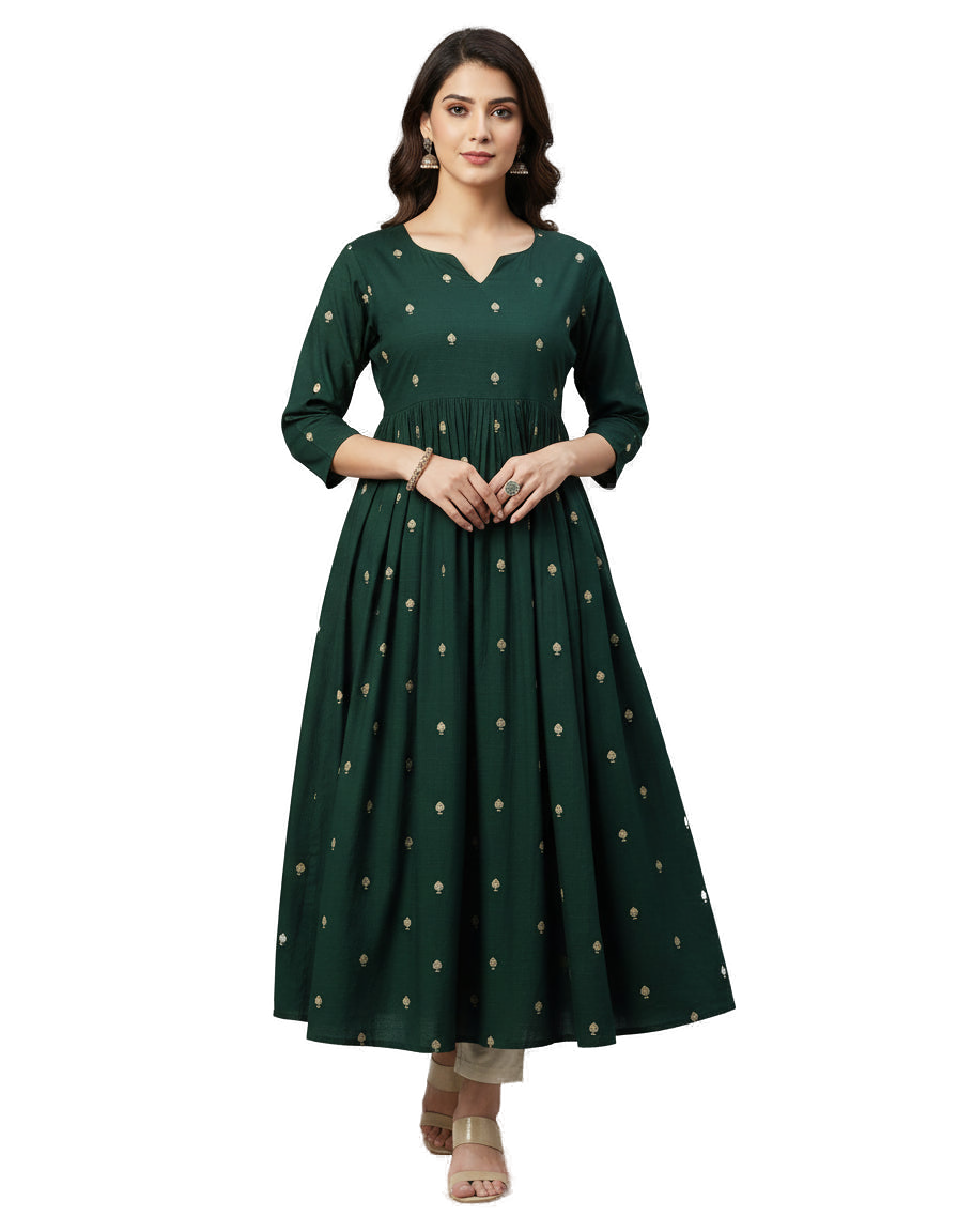 Women’s Green Premium Raw Silk Gown Elegant Long Flared Ethnic Dress - Western Wear - front view | Villows DTrendz