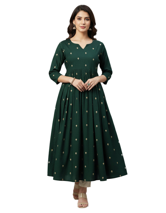 Women’s Green Premium Raw Silk Gown Elegant Long Flared Ethnic Dress - Western Wear - front view | Villows DTrendz