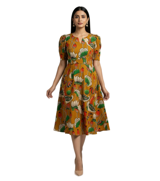 Women’s Mustard Yellow Premium Raw Silk Gown Elegant Long Flared Ethnic Dress - Western Wear - front view | Villows DTrendz