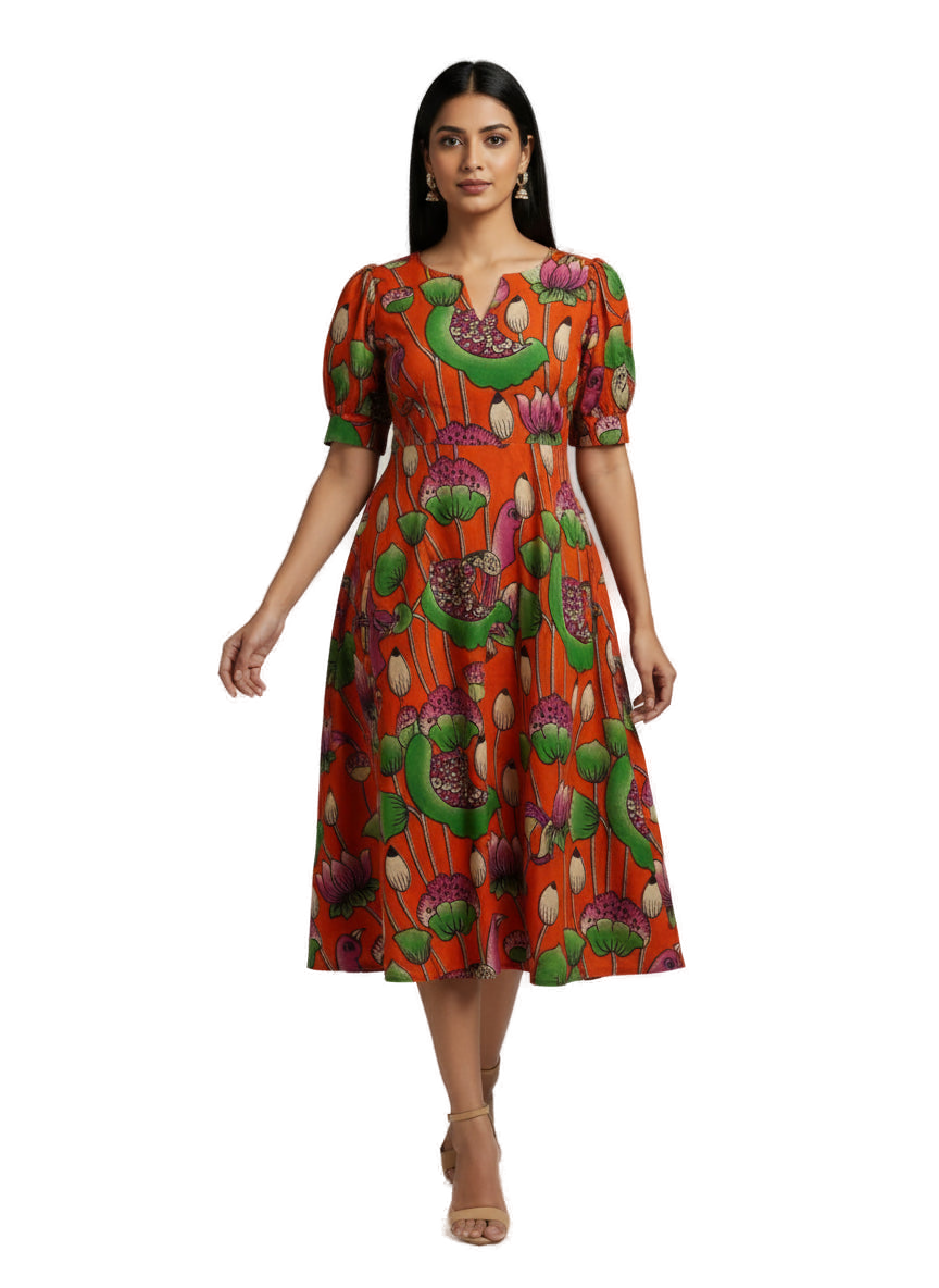 Women’s Orange Premium Raw Silk Gown Elegant Long Flared Ethnic Dress - Western Wear - front view | Villows DTrendz