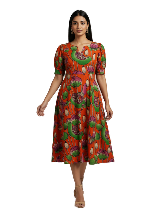 Women’s Orange Premium Raw Silk Gown Elegant Long Flared Ethnic Dress - Western Wear - front view | Villows DTrendz