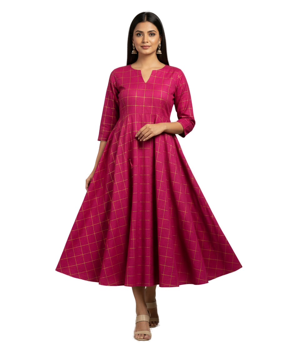 Women’s Pink Premium Raw Silk Gown Elegant Long Flared Ethnic Dress - Western Wear - front view | Villows DTrendz