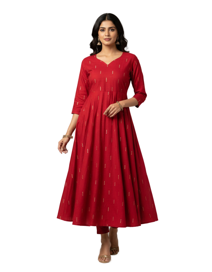 Women’s Red Premium Raw Silk Gown Elegant Long Flared Ethnic Dress - Western Wear - front view | Villows DTrendz