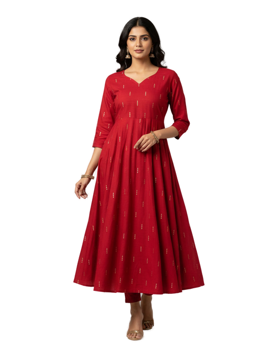 Women’s Red Premium Raw Silk Gown Elegant Long Flared Ethnic Dress - Western Wear - front view | Villows DTrendz
