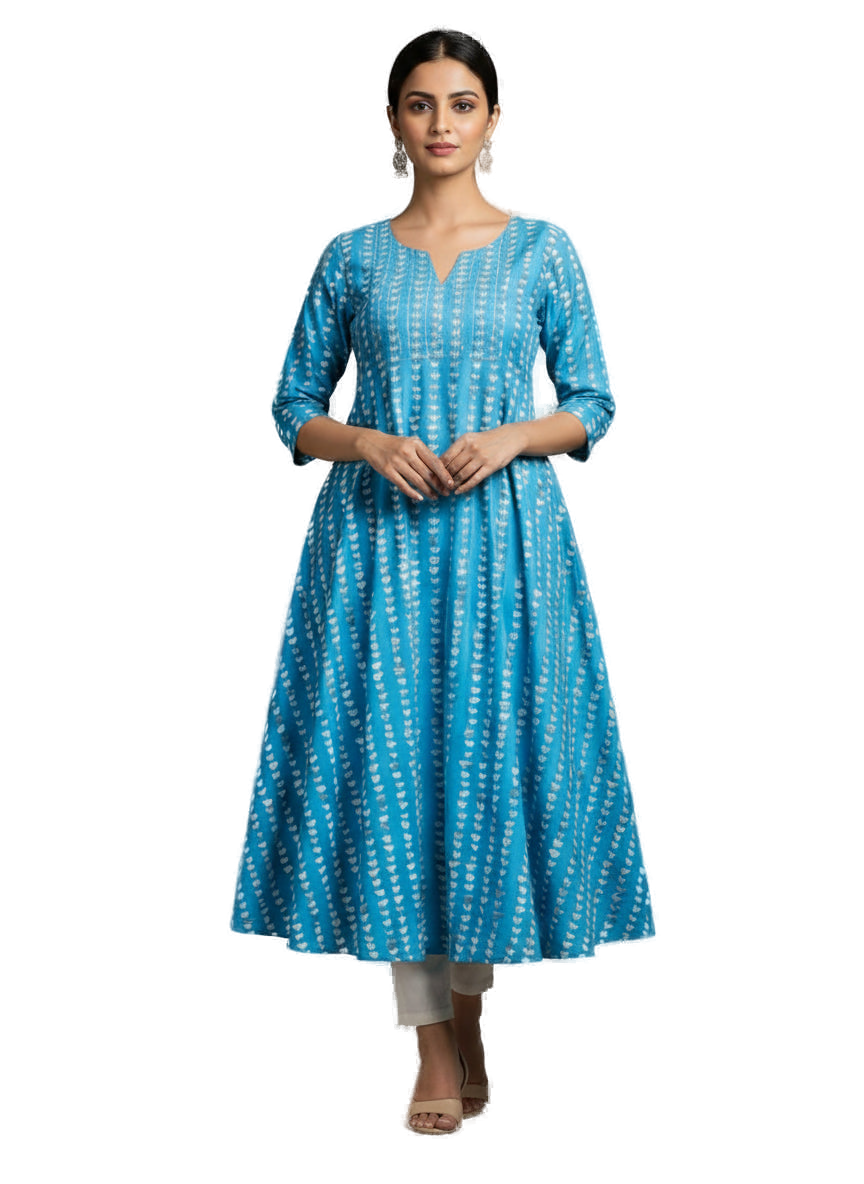 Women’s Sky Blue Premium Raw Silk Gown Elegant Long Flared Ethnic Dress - Western Wear - front view | Villows DTrendz