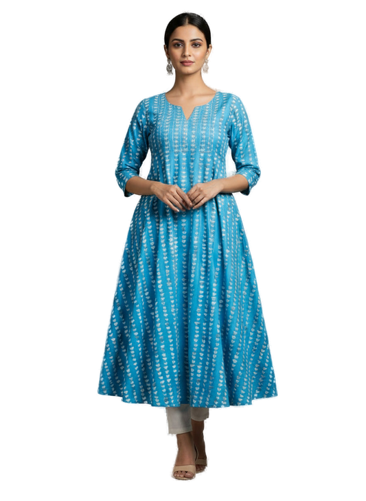 Women’s Sky Blue Premium Raw Silk Gown Elegant Long Flared Ethnic Dress - Western Wear - front view | Villows DTrendz