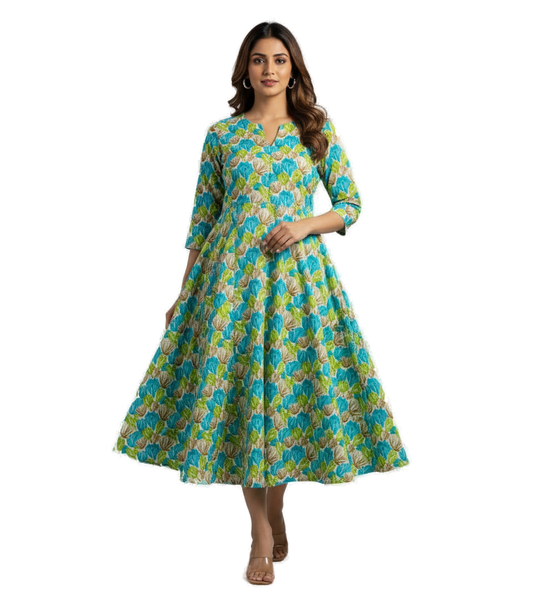 Women’s Sky Blue with Green Premium Raw Silk Gown Elegant Long Flared Ethnic Dress - Western Wear - front view | Villows DTrendz