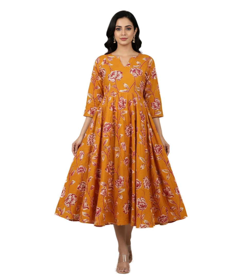 Women’s Yellow Premium Raw Silk Gown Elegant Long Flared Ethnic Dress - Western Wear - front view | Villows DTrendz