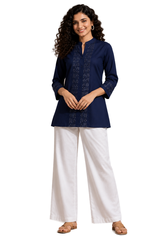 Women’s BLUE Rayon Short Kurti - Indian Ethnic Wear - front view | Villows DTrendz