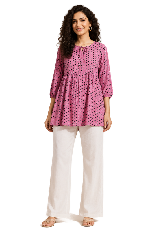 Women’s PINK Rayon Short Kurti - Indian Ethnic Wear - front view | Villows DTrendz