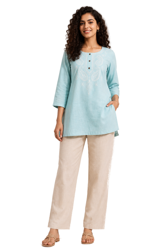 Women’s SKY BLUE Rayon Short Kurti - Indian Ethnic Wear - front view | Villows DTrendz