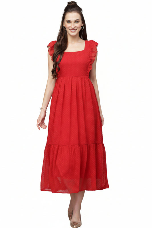 Women’s Red Indo-Western Georgette Gown Elegant Long Flared Ethnic Dress Party, Festive & Wedding Wear - Western Wear - front view | Villows DTrendz