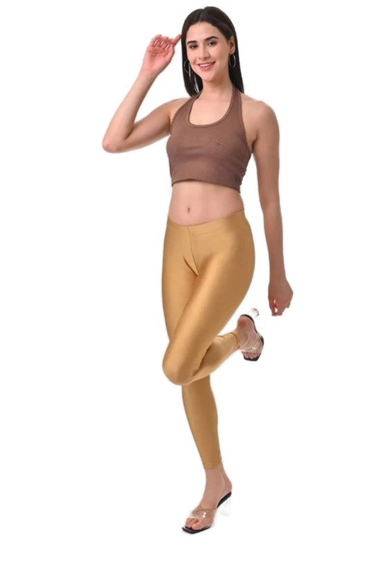 Women’s Gold Shimmer Ankle-Fit Pants Stylish Stretch Glitter Trousers Versatile Bottom Wear for Tops, Kurtis & Tunics - Western Wear - front view |...