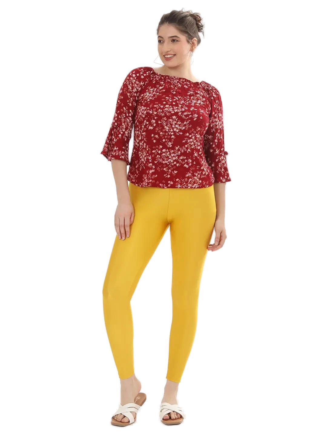 Women’s Mango Yellow Shimmer Ankle-Fit Pants Stylish Stretch Glitter Trousers Versatile Bottom Wear for Tops, Kurtis & Tunics - Western Wear - front...