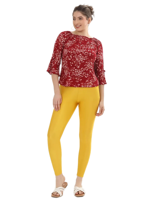 Women’s Mango Yellow Shimmer Ankle-Fit Pants Stylish Stretch Glitter Trousers Versatile Bottom Wear for Tops, Kurtis & Tunics - Western Wear - front...