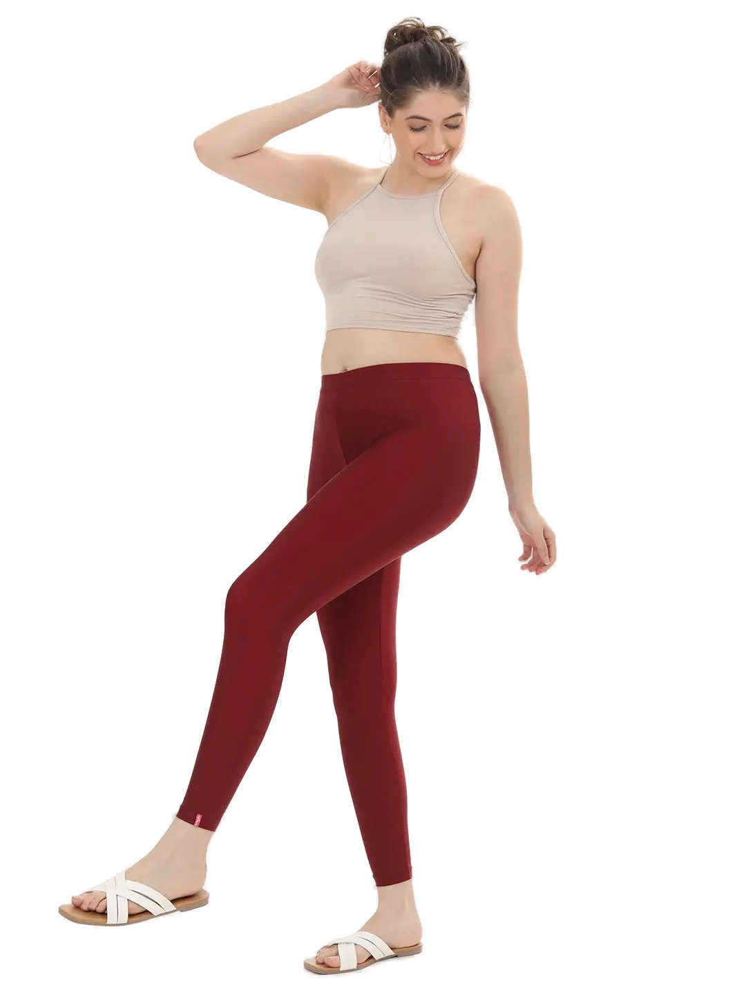 Women’s Maroon Shimmer Ankle-Fit Pants Stylish Stretch Glitter Trousers Versatile Bottom Wear for Tops, Kurtis & Tunics - Western Wear - front view |...