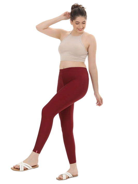 Women’s Maroon Shimmer Ankle-Fit Pants Stylish Stretch Glitter Trousers Versatile Bottom Wear for Tops, Kurtis & Tunics - Western Wear - front view |...