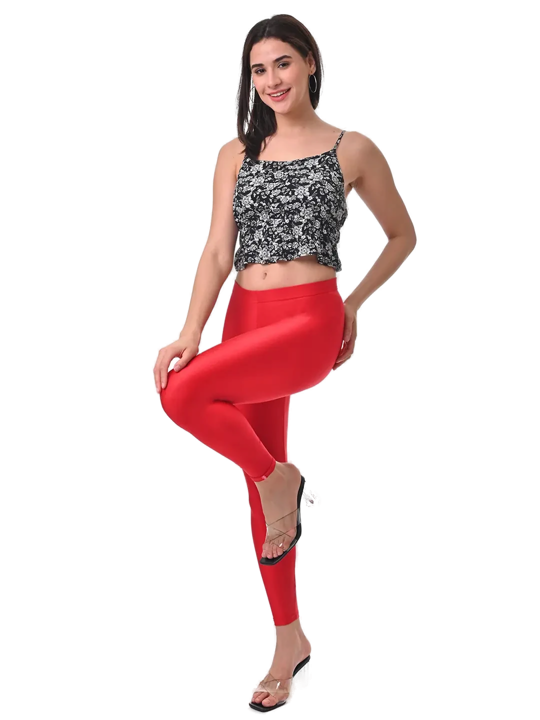 Women’s Red Shimmer Ankle-Fit Pants Stylish Stretch Glitter Trousers Versatile Bottom Wear for Tops, Kurtis & Tunics - Western Wear - front view |...