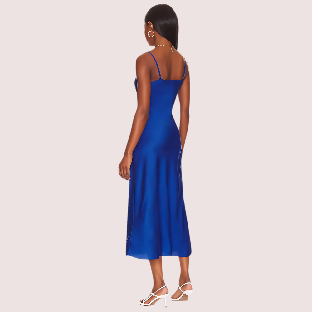 Women's Royal Blue Satin Dress, Timeless Royal Evening Wear - Apparel - back view | Snazzyway