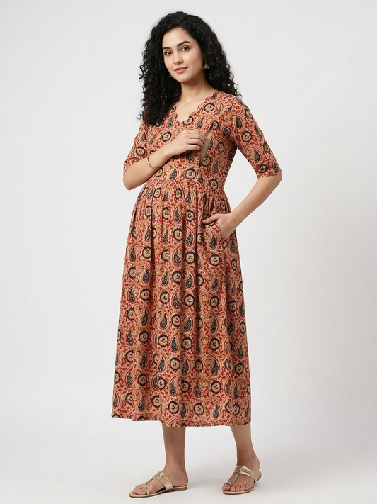 Women’s Maroon Cotton Maternity Feeding Kurti Nursing long Frock for Breastfeeding Comfortable Everyday Wear - Indian Ethnic Wear - front view |...
