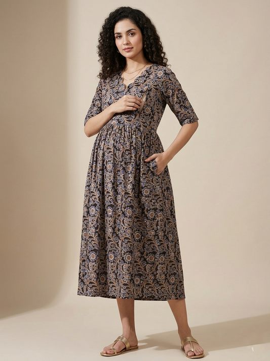 Women’s Black Cotton Maternity Feeding Kurti Nursing long Frock for Breastfeeding Comfortable Everyday Wear - Indian Ethnic Wear - front view | Villows...