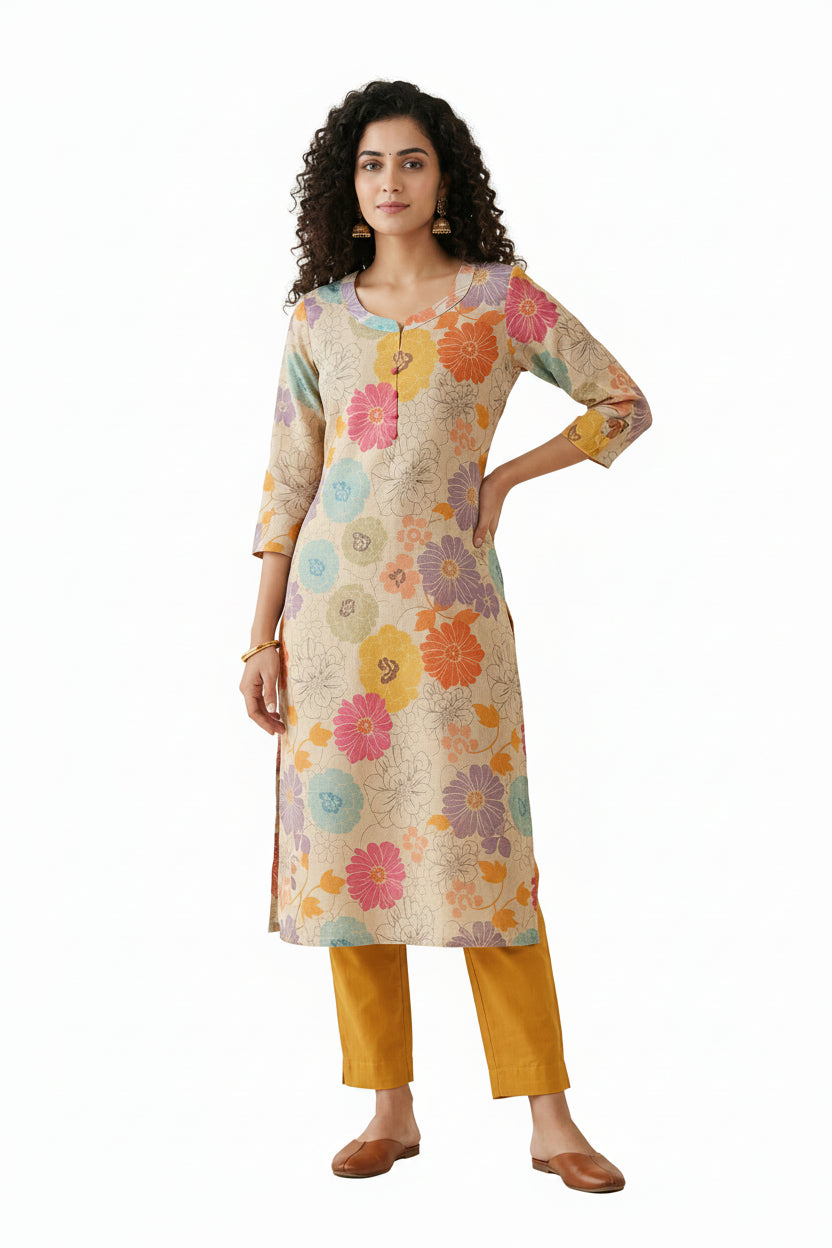 Women’s Cream Tissue Silk Kurti - Indian Ethnic Wear - front view | Villows DTrendz