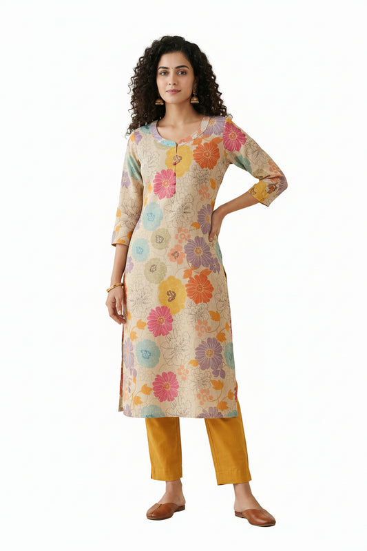 Women’s Cream Tissue Silk Kurti - Indian Ethnic Wear - front view | Villows DTrendz