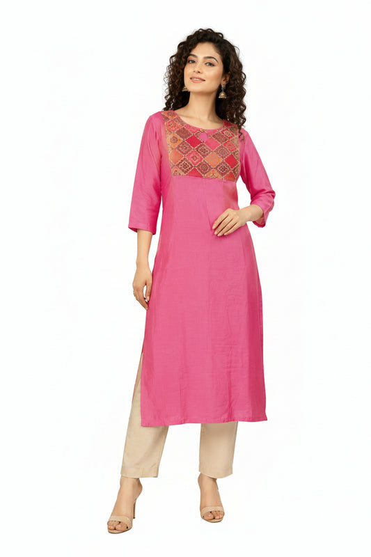 Women’s Pink Tissue Silk Kurti - Indian Ethnic Wear - front view | Villows DTrendz