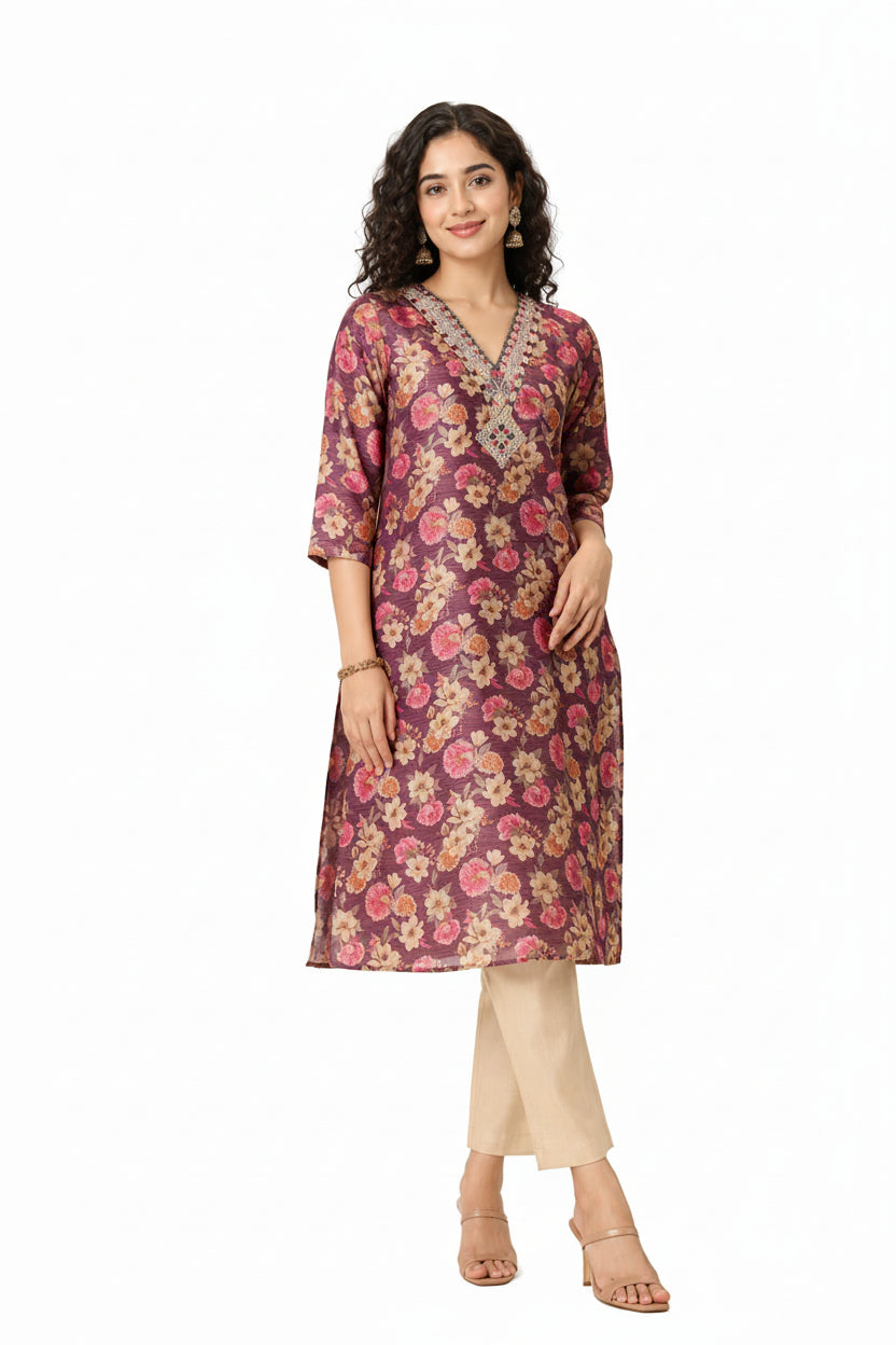 Women’s Lavender Tissue Silk Kurti - Indian Ethnic Wear - front view | Villows DTrendz