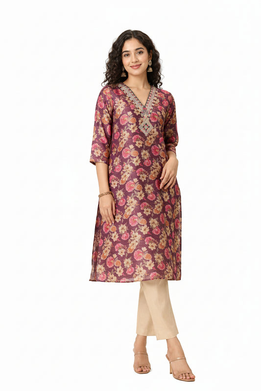 Women’s Lavender Tissue Silk Kurti - Indian Ethnic Wear - front view | Villows DTrendz