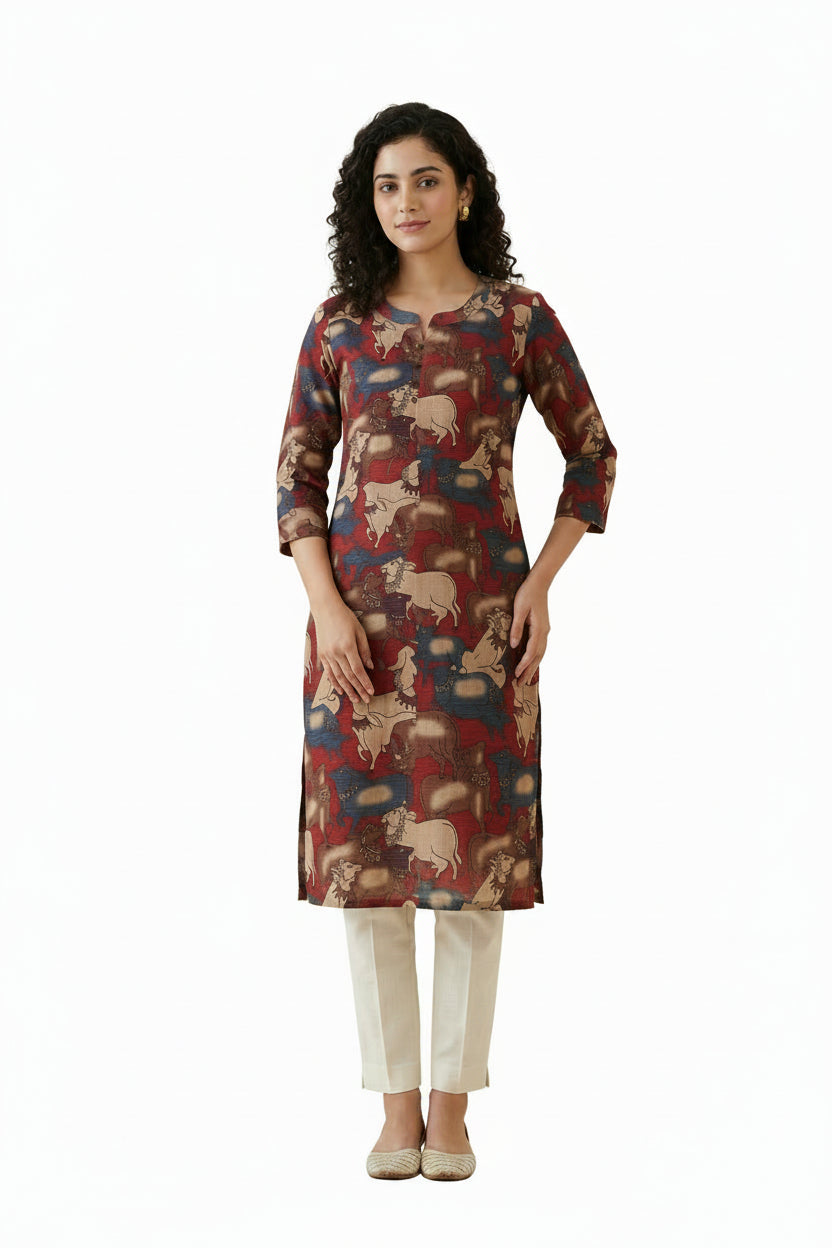 Women’s Red Tissue Silk Kurti - Indian Ethnic Wear - front view | Villows DTrendz