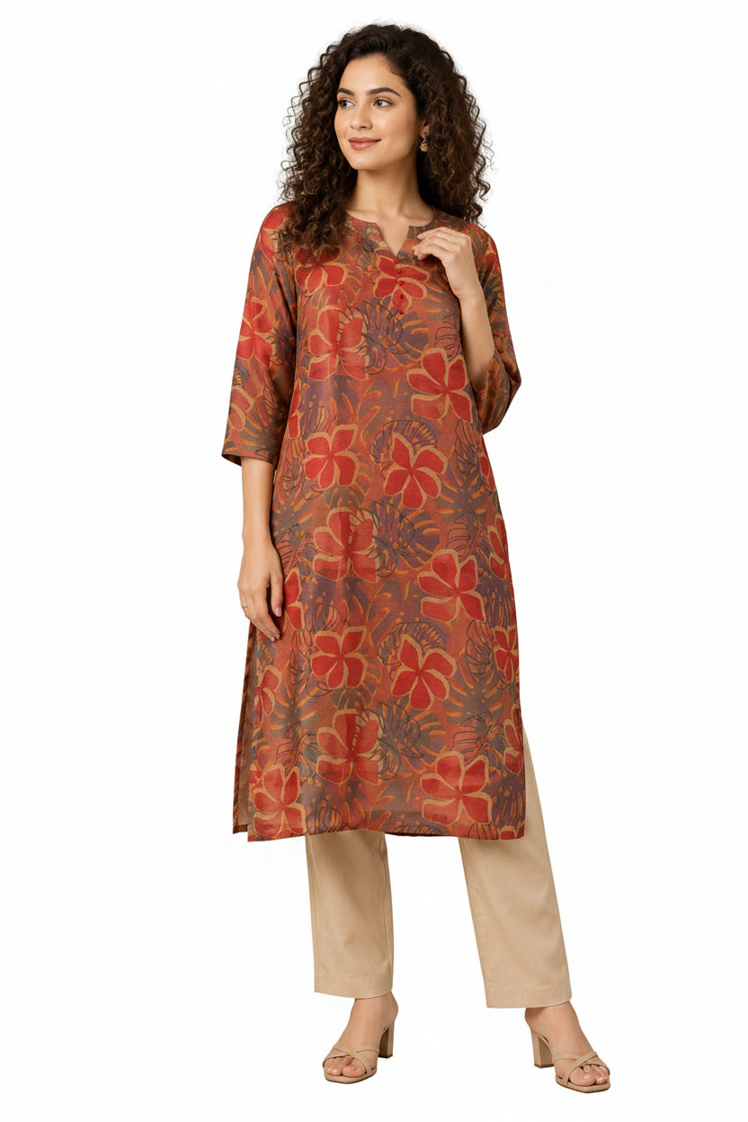 Women’s Orange Tissue Silk Kurti - Indian Ethnic Wear - front view | Villows DTrendz
