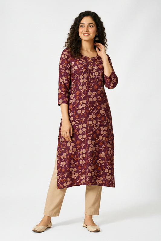 Women’s Maroon Tissue Silk Kurti - Indian Ethnic Wear - front view | Villows DTrendz