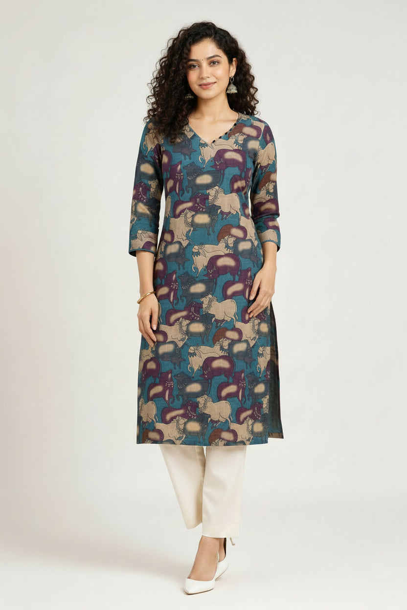 Women’s Blue Tissue Silk Kurti - Indian Ethnic Wear - front view | Villows DTrendz