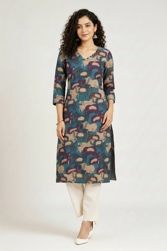 Women’s Blue Tissue Silk Kurti - Indian Ethnic Wear - front view | Villows DTrendz