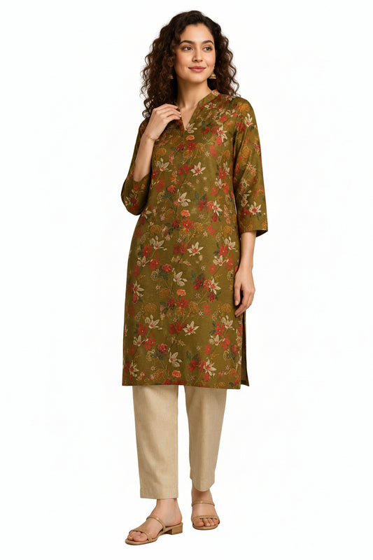 Women’s Green Tissue Silk Kurti - Indian Ethnic Wear - front view | Villows DTrendz