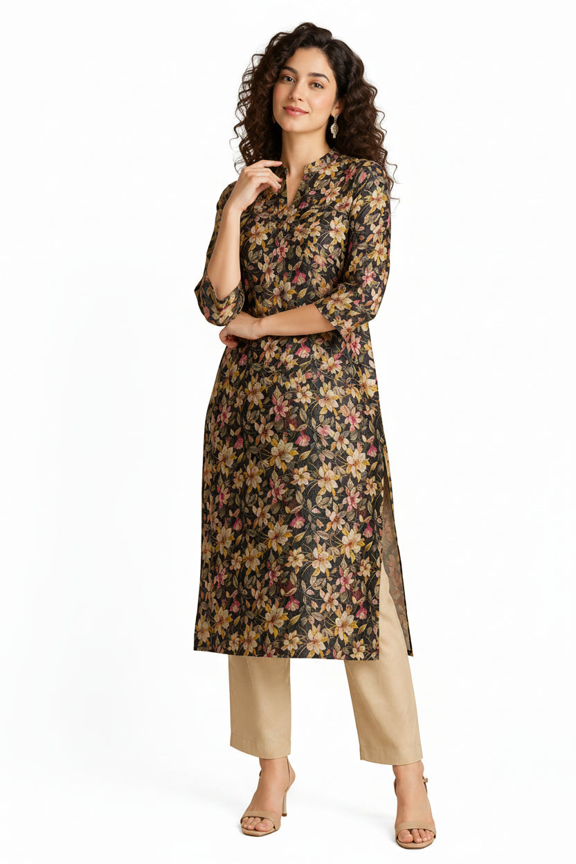 Women’s Black Tissue Silk Kurti - Indian Ethnic Wear - front view | Villows DTrendz