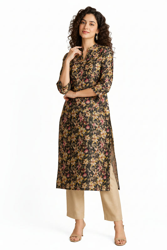 Women’s Black Tissue Silk Kurti - Indian Ethnic Wear - front view | Villows DTrendz