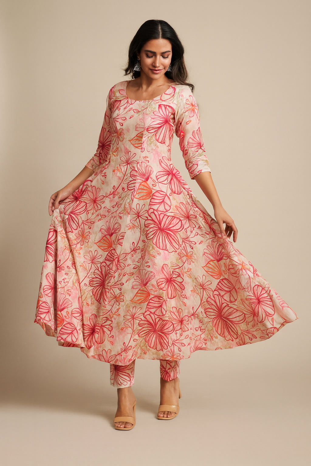 Women’s Peach Designer A-Line Co-Ord Set - Western Wear - front view | Villows DTrendz