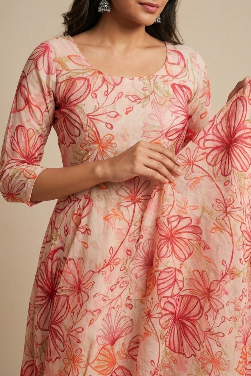 Women’s Peach Designer A-Line Co-Ord Set - Western Wear - close-up detail view | Villows DTrendz