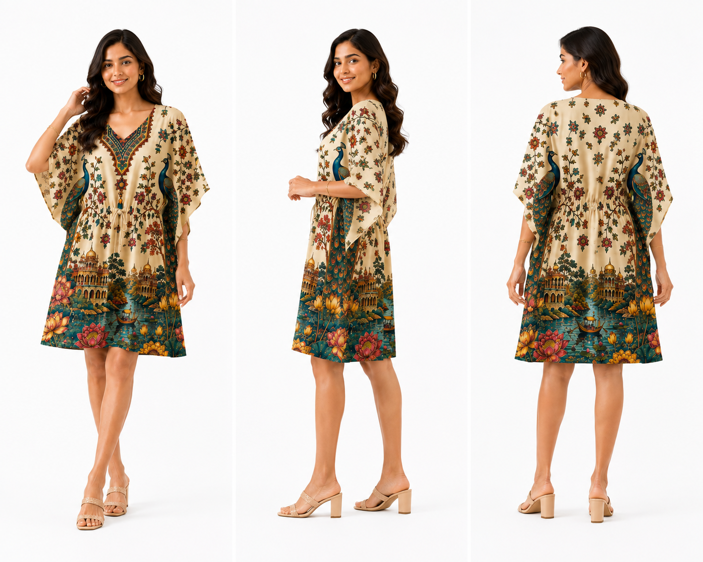 Royal Peacock Heritage Art Kaftan Midi Dress - Western Wear - styled full look | Qikink