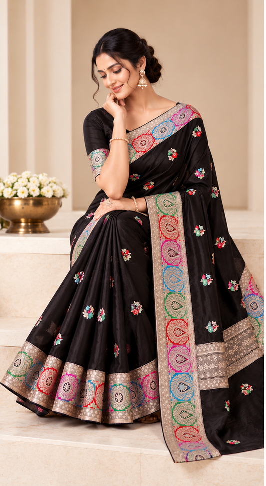 Black Mashru Silk Resham and Zari Work Designer Banarasi Saree