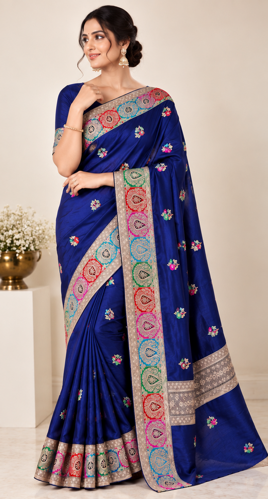 Blue Mashru Silk Resham and Zari Work Designer Banarasi Saree