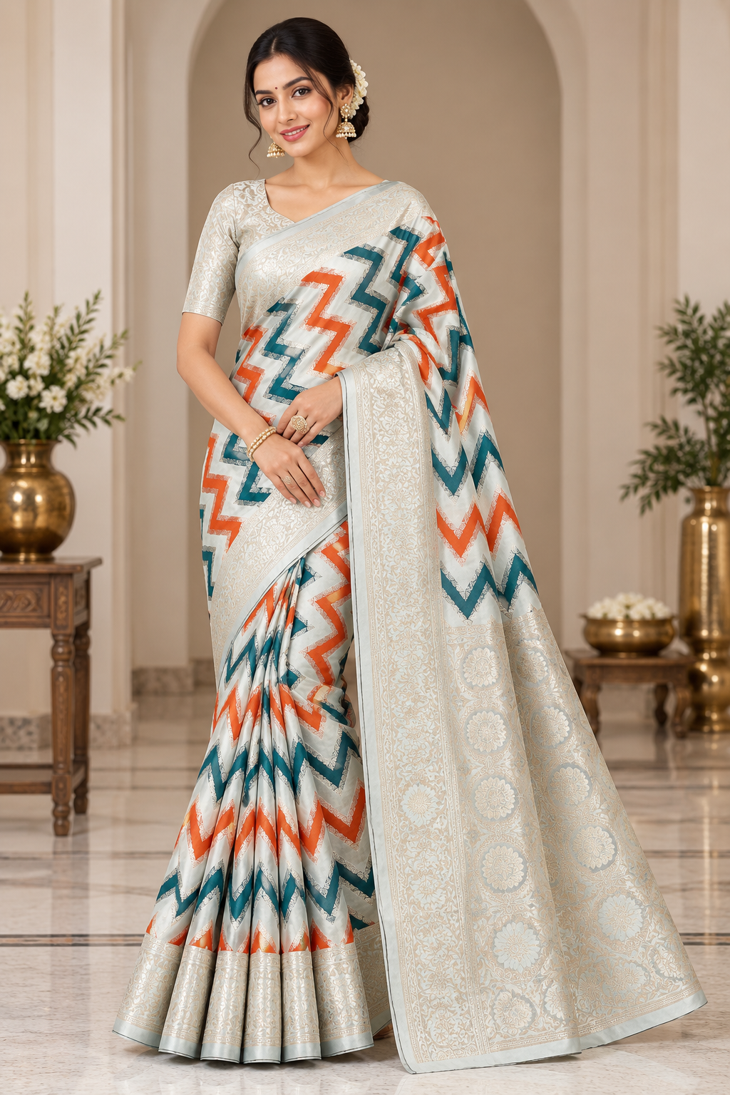 Ivory White Katan Silk Rangkat Work Designer Banarasi Saree