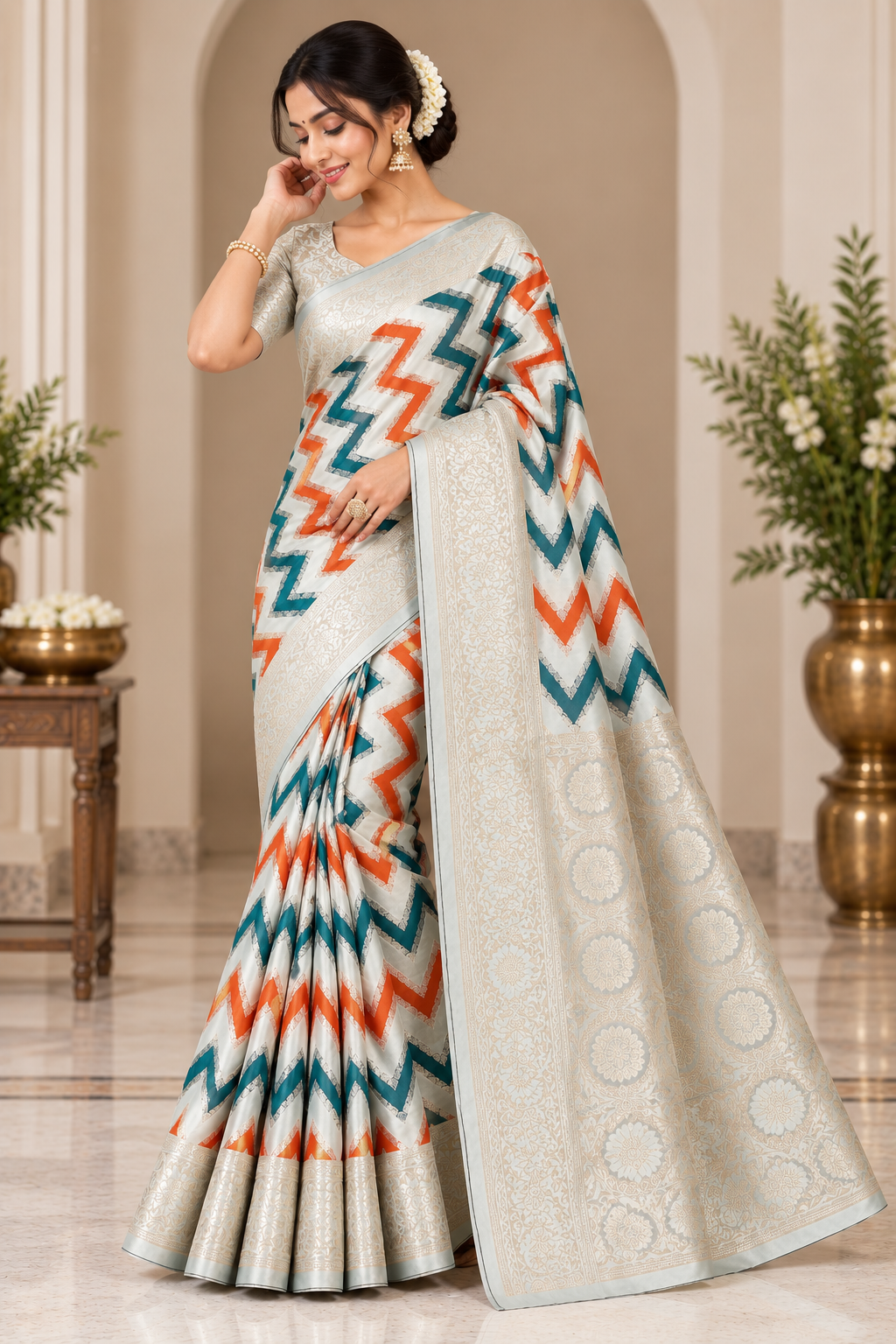Ivory White Katan Silk Rangkat Work Designer Banarasi Saree