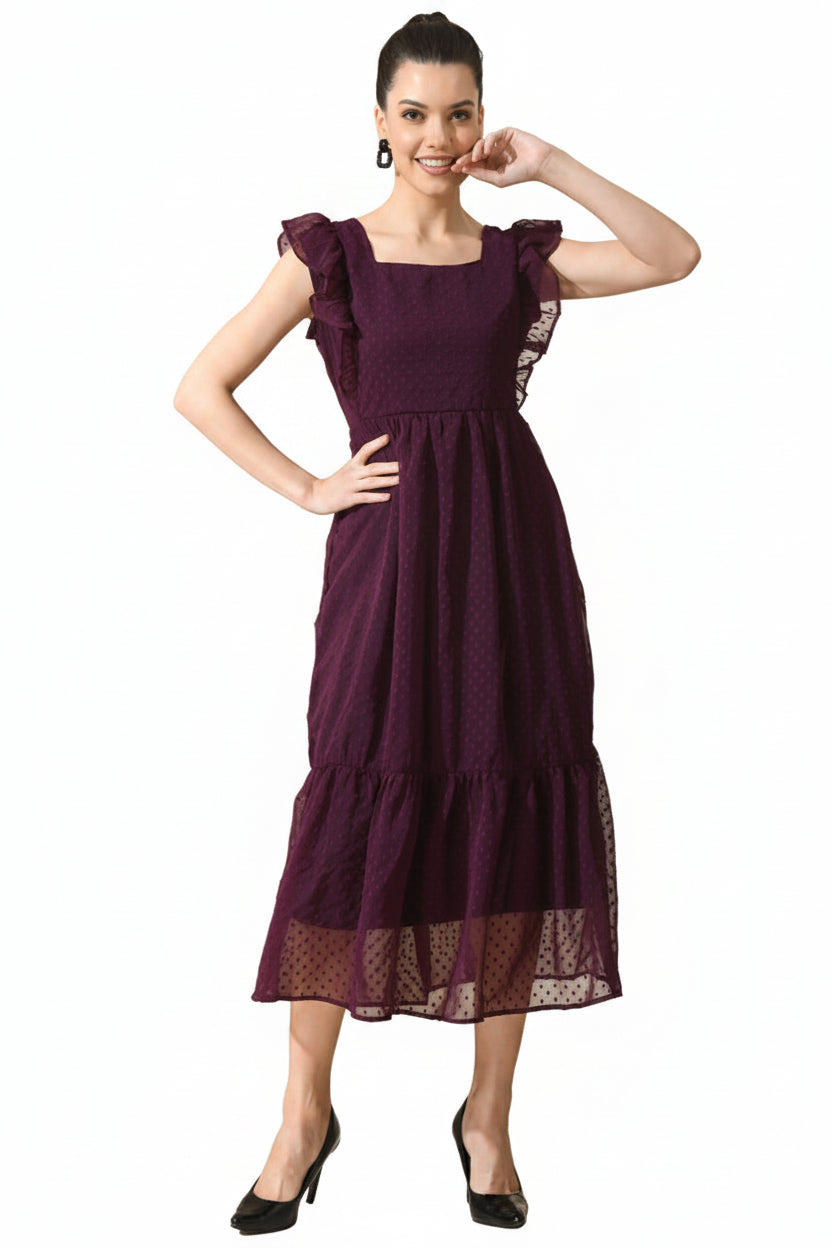 Women’s Wine Indo-Western Georgette Gown Elegant Long Flared Ethnic Dress Party, Festive & Wedding Wear - Western Wear - front view | Villows DTrendz