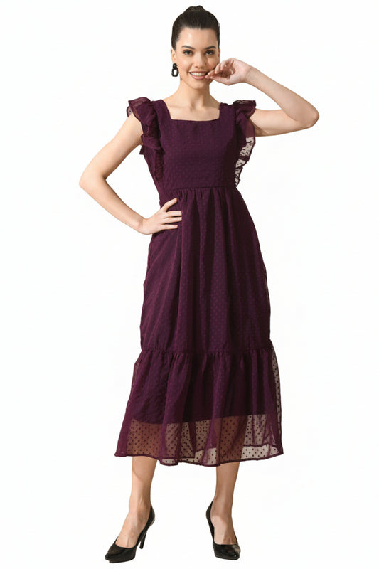 Women’s Wine Indo-Western Georgette Gown Elegant Long Flared Ethnic Dress Party, Festive & Wedding Wear - Western Wear - front view | Villows DTrendz