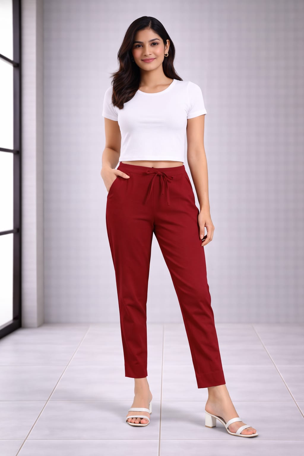 Women's Linen Cotton High Waist Straight Fit - Maroon - Western Wear - front view | Villows DTrendz